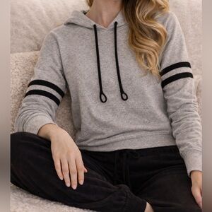 Cute One Heart Clothing Cropped Hoodie Sweatshirt | Gray & Black Stripe | M